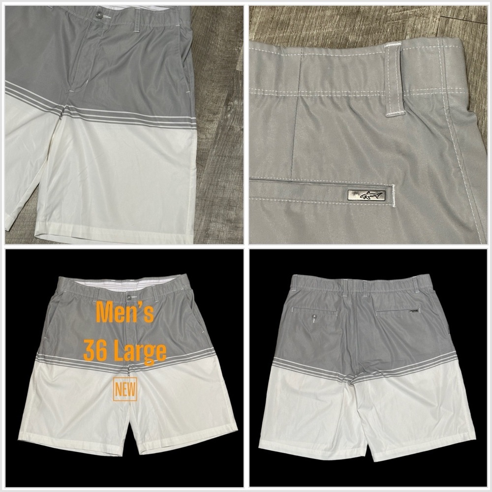 Men's Greg Norman 36 Large Chino Khakis Shorts White Gray Stretch Grip Waistband